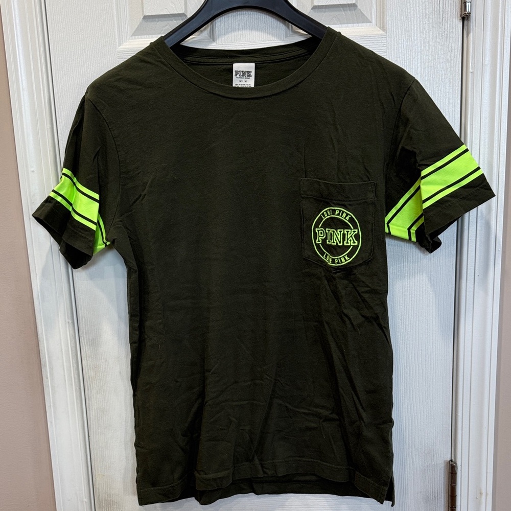 PINK Victoria's Secret Green  T-Shirt with Neon Green Accents